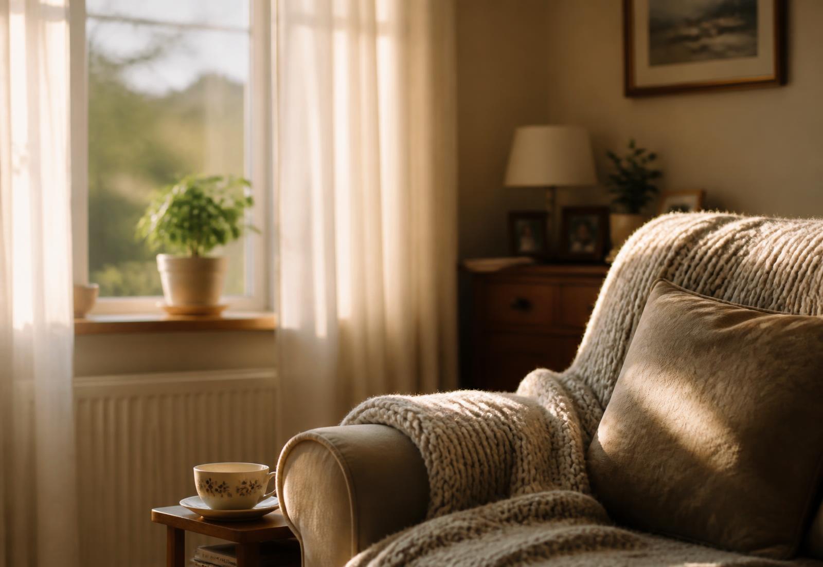 A quiet, sunlit living room with a cup of tea beside a comfortable armchair